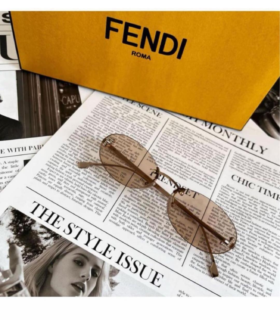 FENDI Бежевые металлические солнцезащитные очки, фото 2