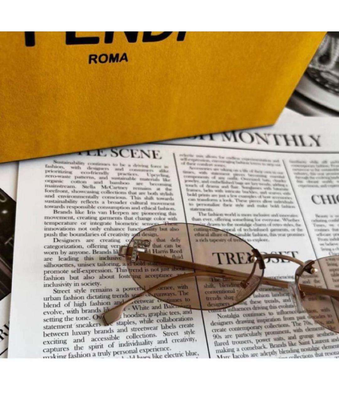 FENDI Бежевые металлические солнцезащитные очки, фото 4