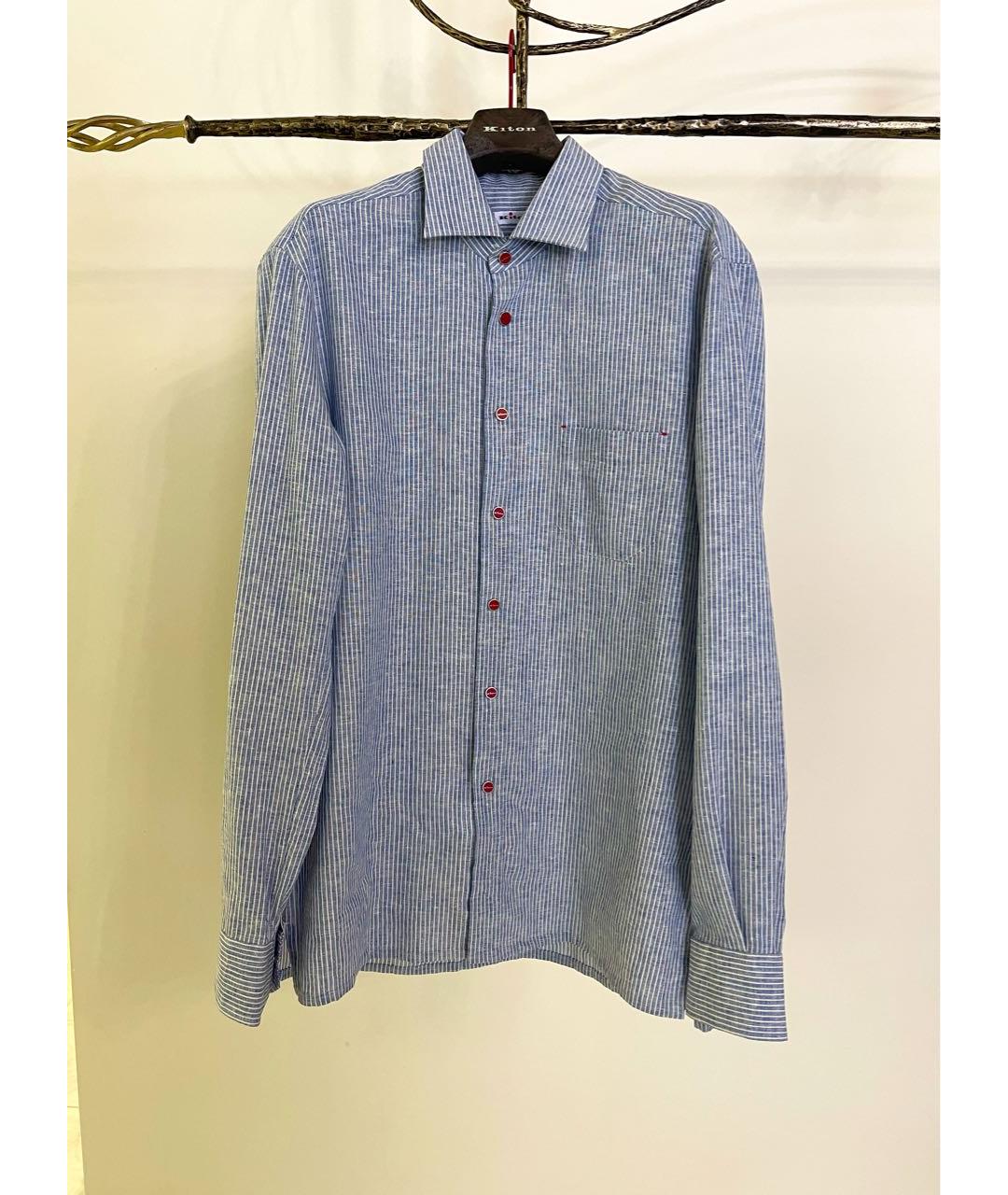 KITON Синяя льняная классическая рубашка, фото 7