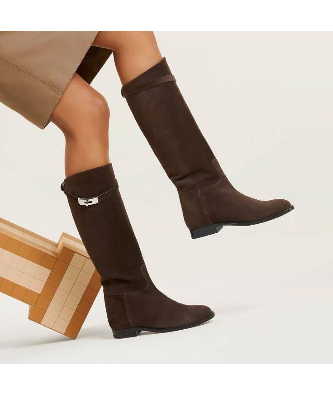 HERMES Коричневые замшевые сапоги, фото 5