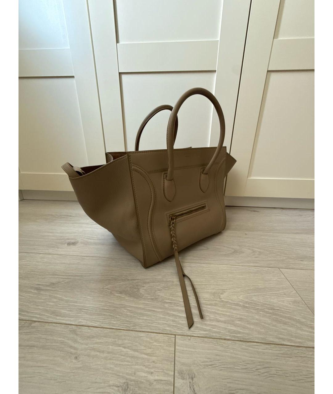 CELINE Бежевая кожаная сумка с короткими ручками, фото 2