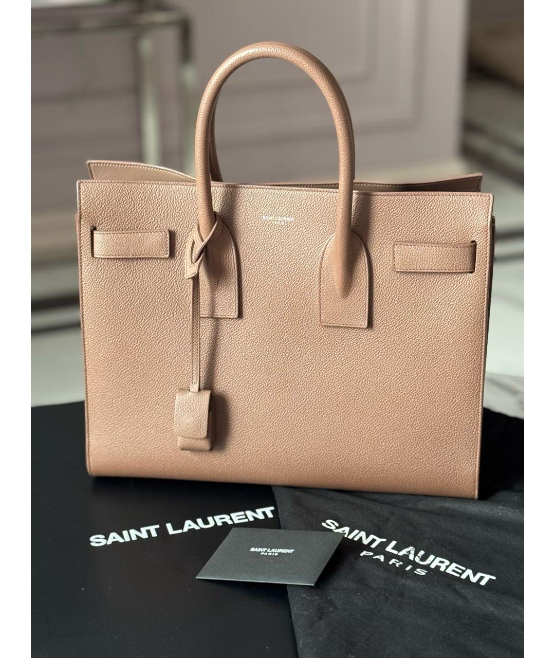 SAINT LAURENT Бежевая кожаная сумка с короткими ручками, фото 9