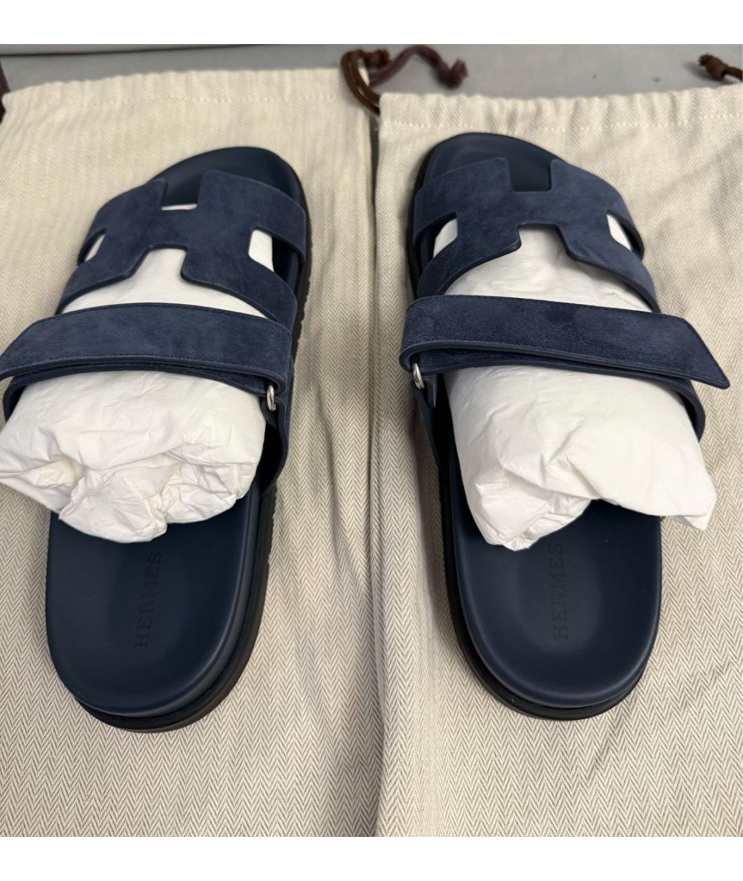 HERMES Темно-синие замшевые шлепанцы, фото 4