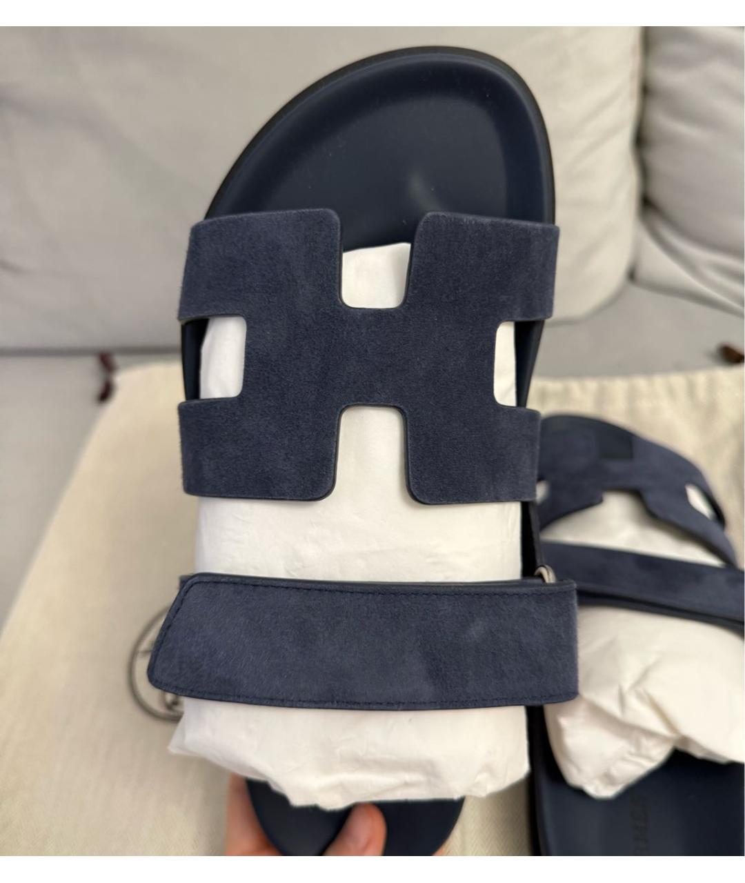 HERMES Темно-синие замшевые шлепанцы, фото 8