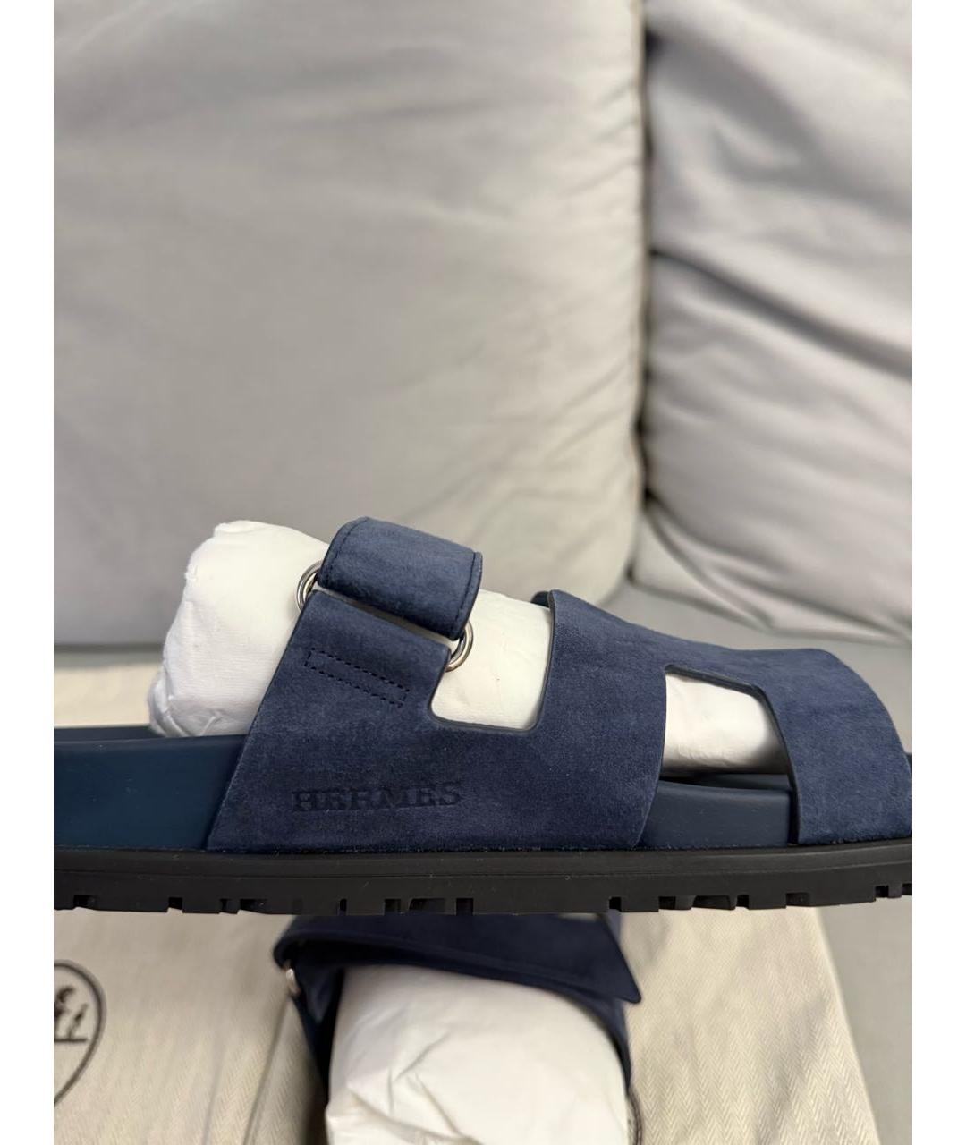 HERMES Темно-синие замшевые шлепанцы, фото 6