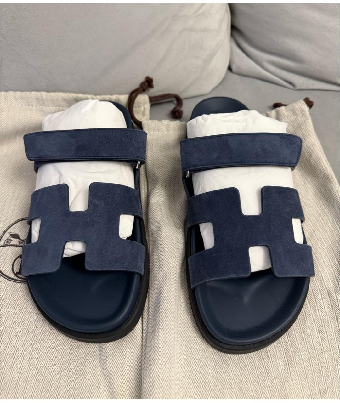 HERMES Темно-синие замшевые шлепанцы, фото 2