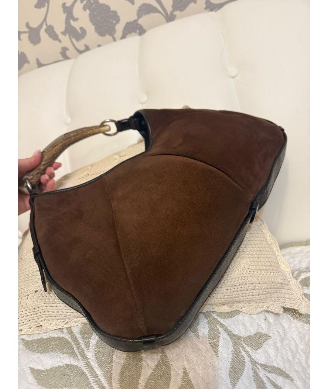 SAINT LAURENT Коричневая замшевая сумка с короткими ручками, фото 5