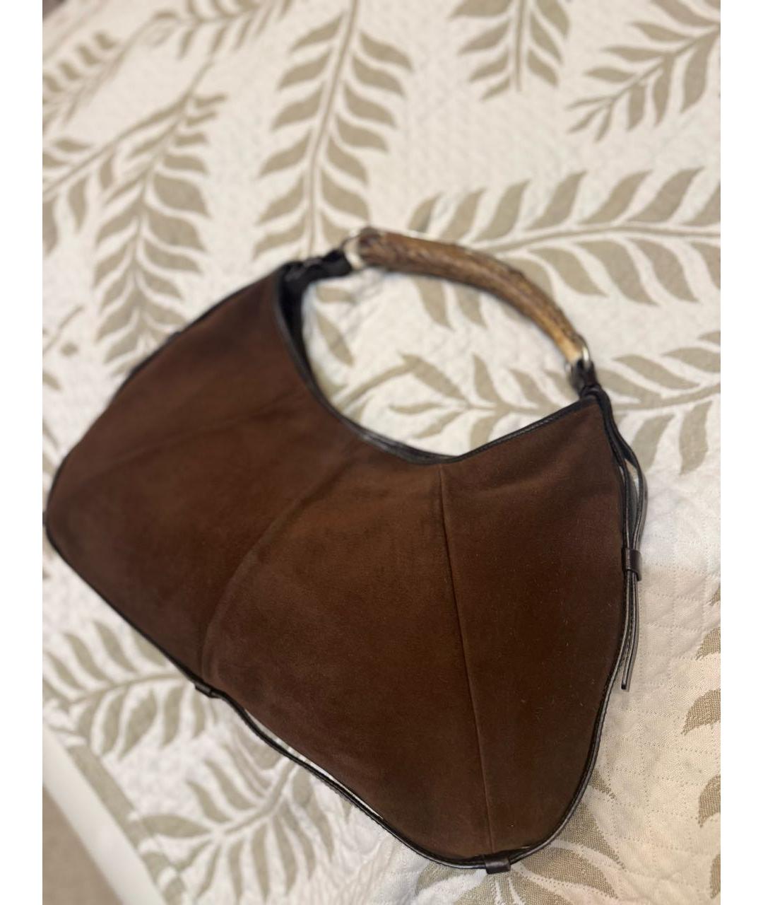 SAINT LAURENT Коричневая замшевая сумка с короткими ручками, фото 2