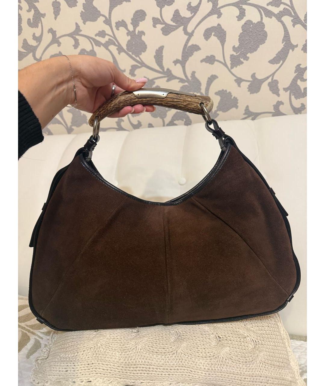 SAINT LAURENT Коричневая замшевая сумка с короткими ручками, фото 8