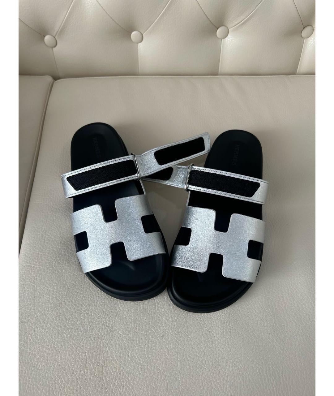 HERMES Серые кожаные шлепанцы, фото 7