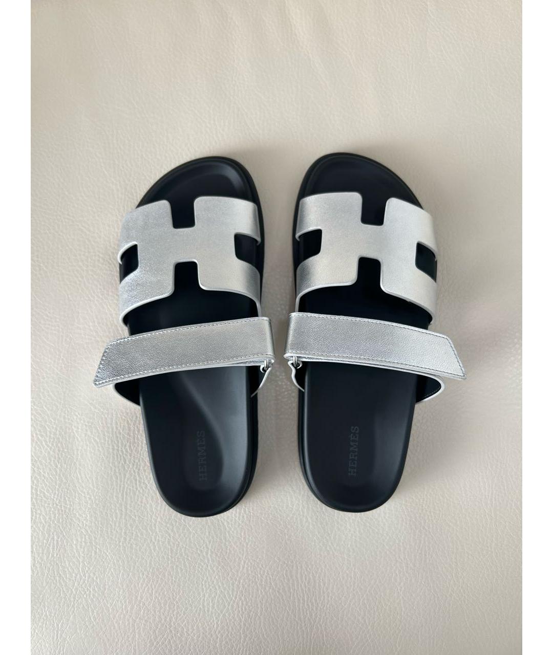 HERMES Серые кожаные шлепанцы, фото 3