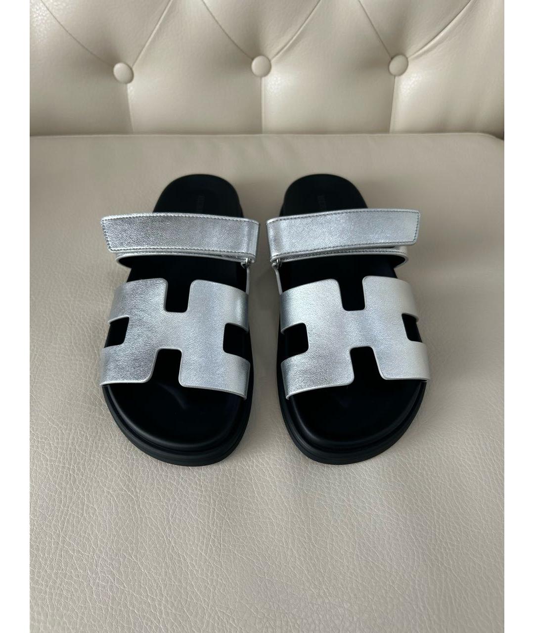 HERMES Серые кожаные шлепанцы, фото 2