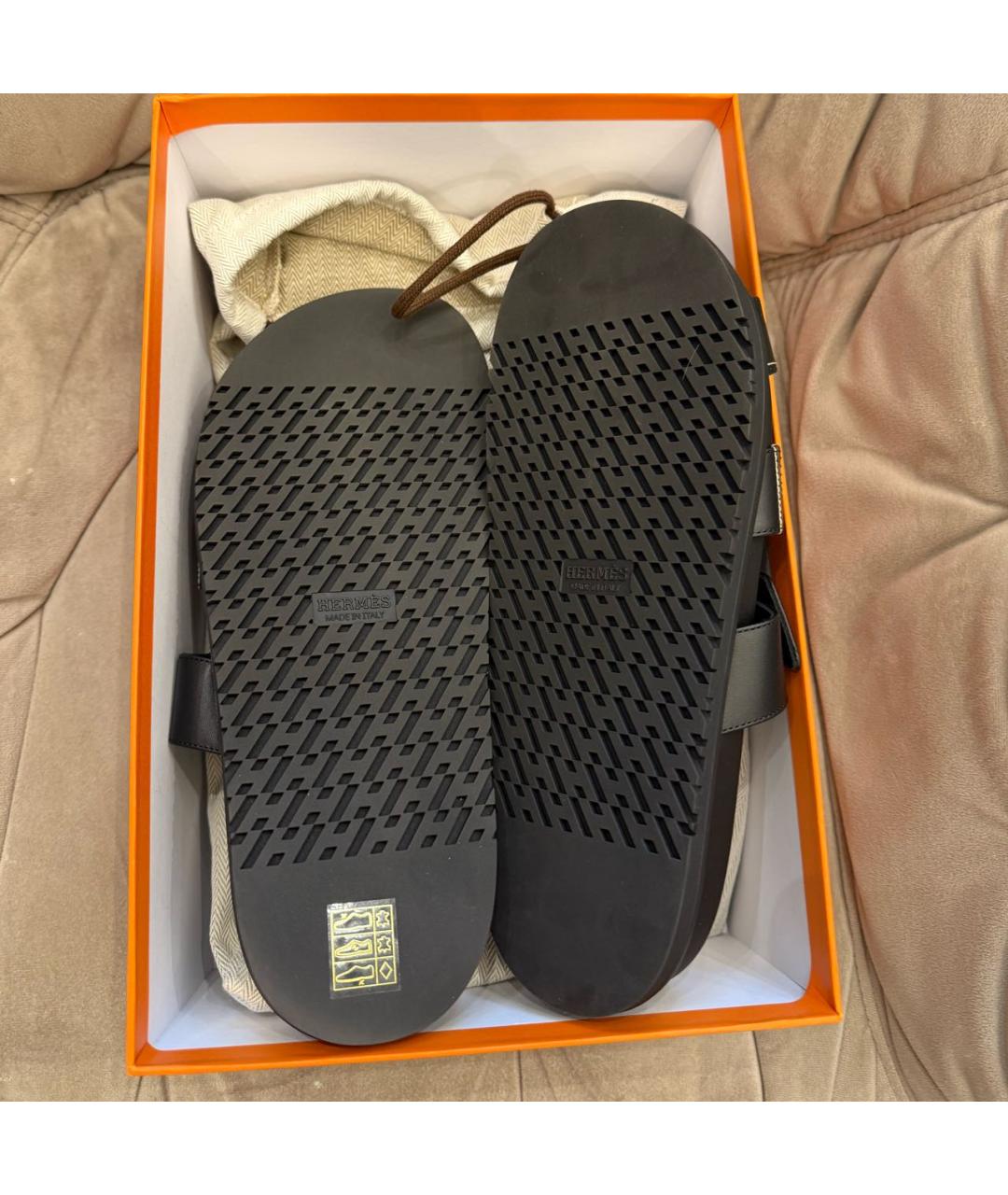 HERMES Черные кожаные шлепанцы, фото 7