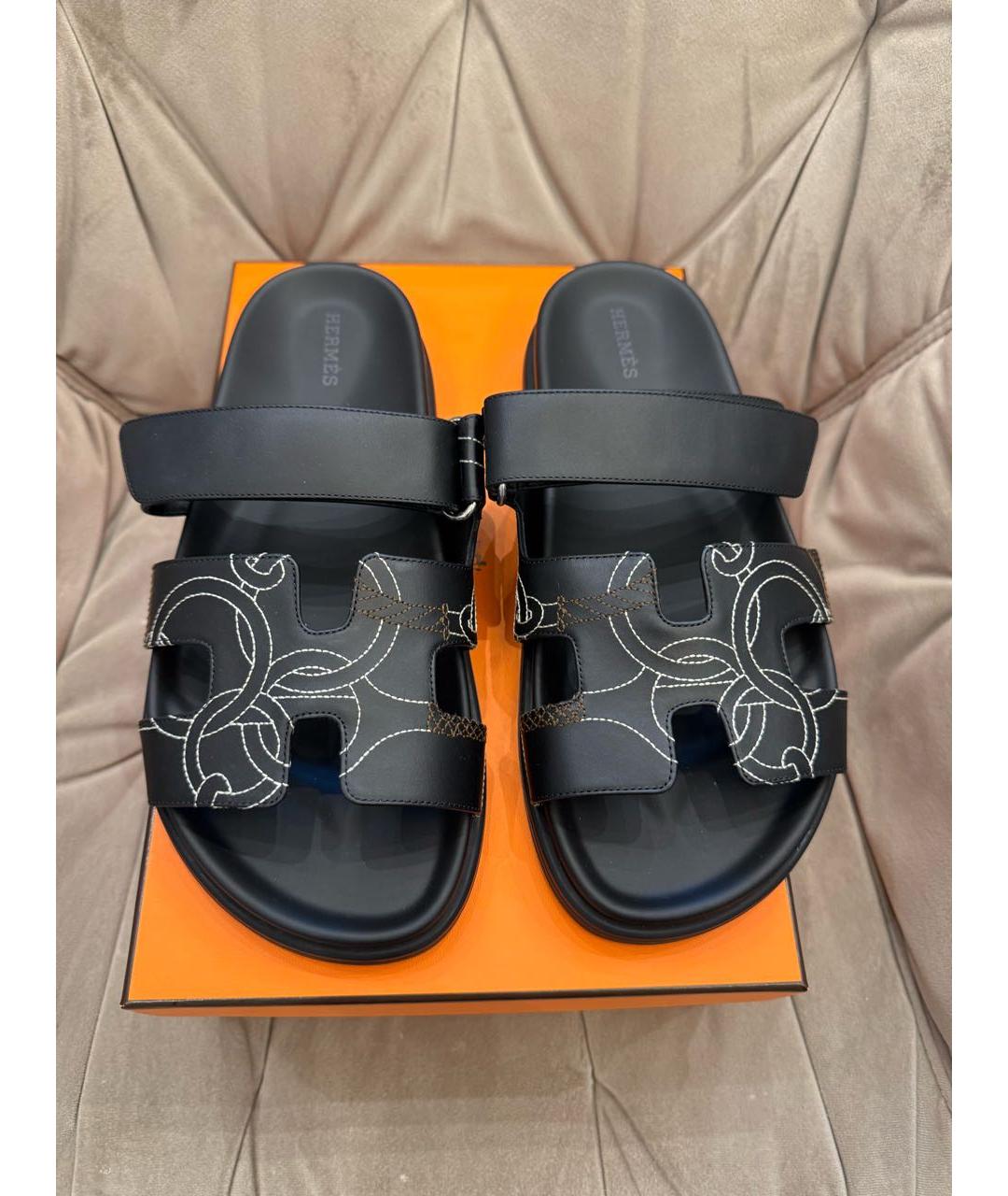 HERMES Черные кожаные шлепанцы, фото 8