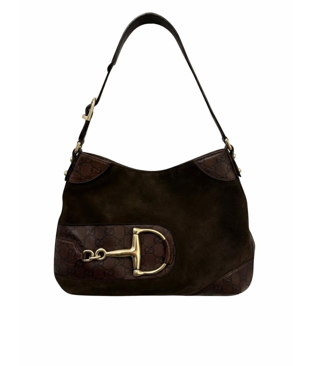 GUCCI Коричневая замшевая сумка с короткими ручками, фото 1