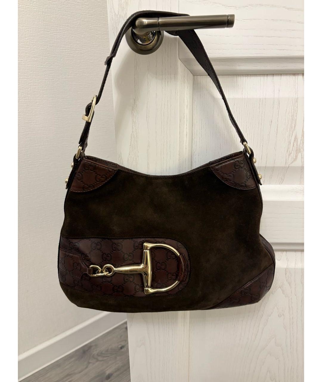 GUCCI Коричневая замшевая сумка с короткими ручками, фото 5