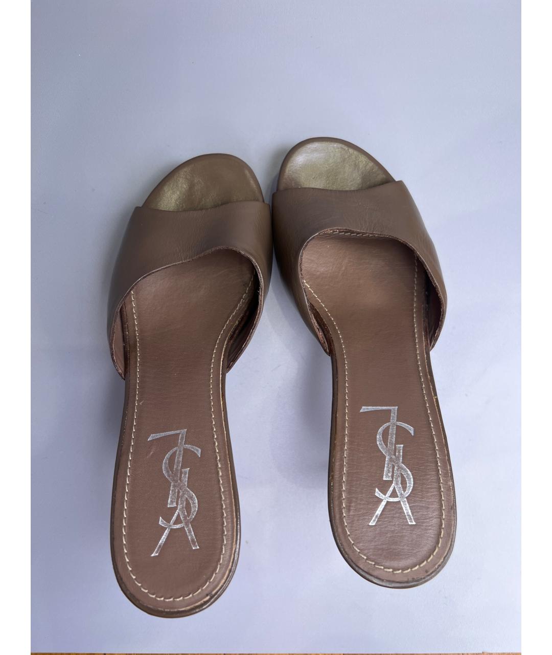 SAINT LAURENT Коричневые кожаные мюли, фото 3