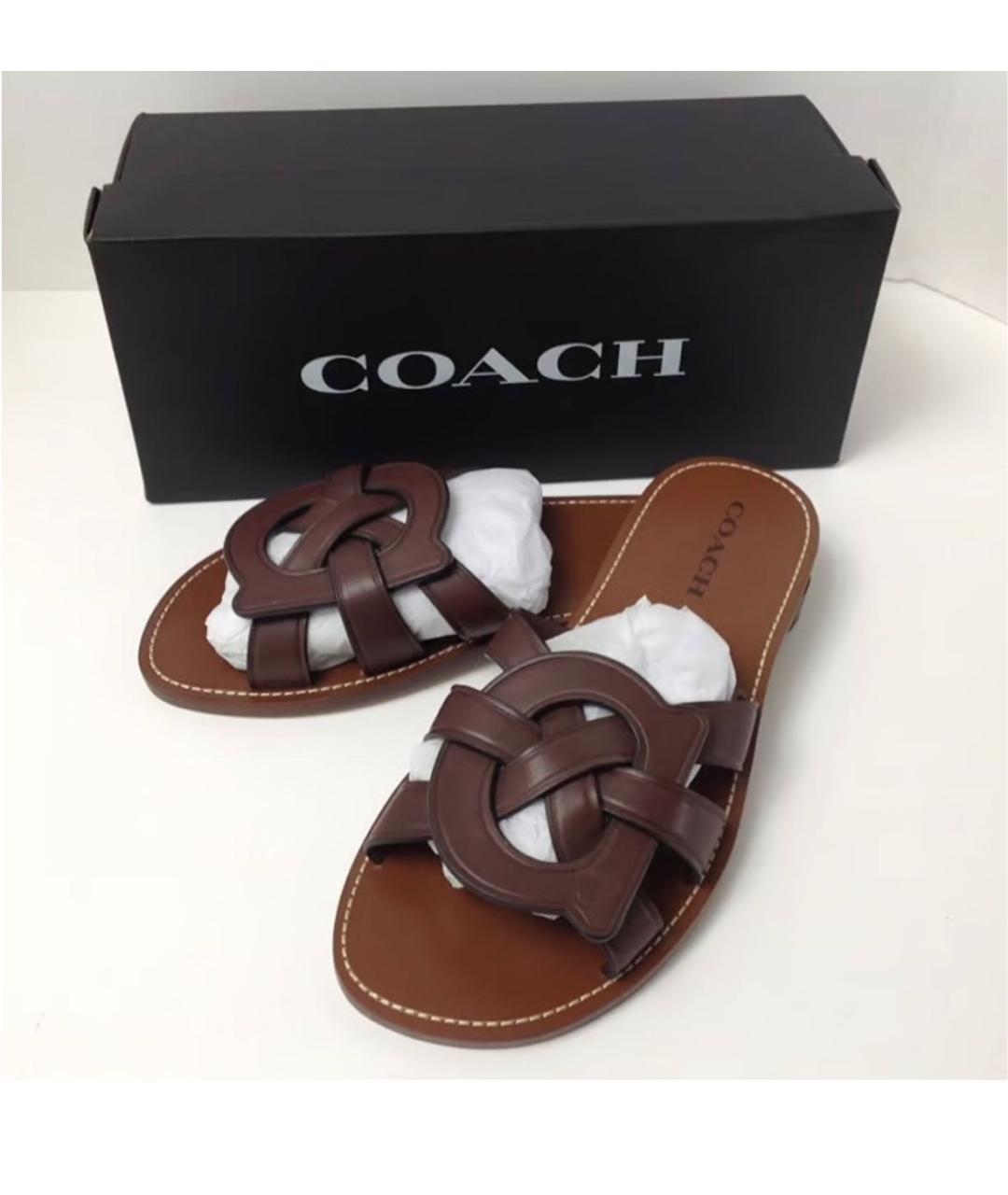 COACH Коричневые кожаные шлепанцы, фото 7