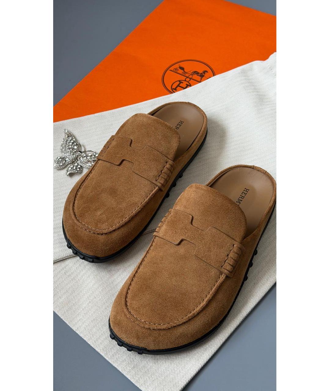 HERMES Коричневые замшевые мюли, фото 3