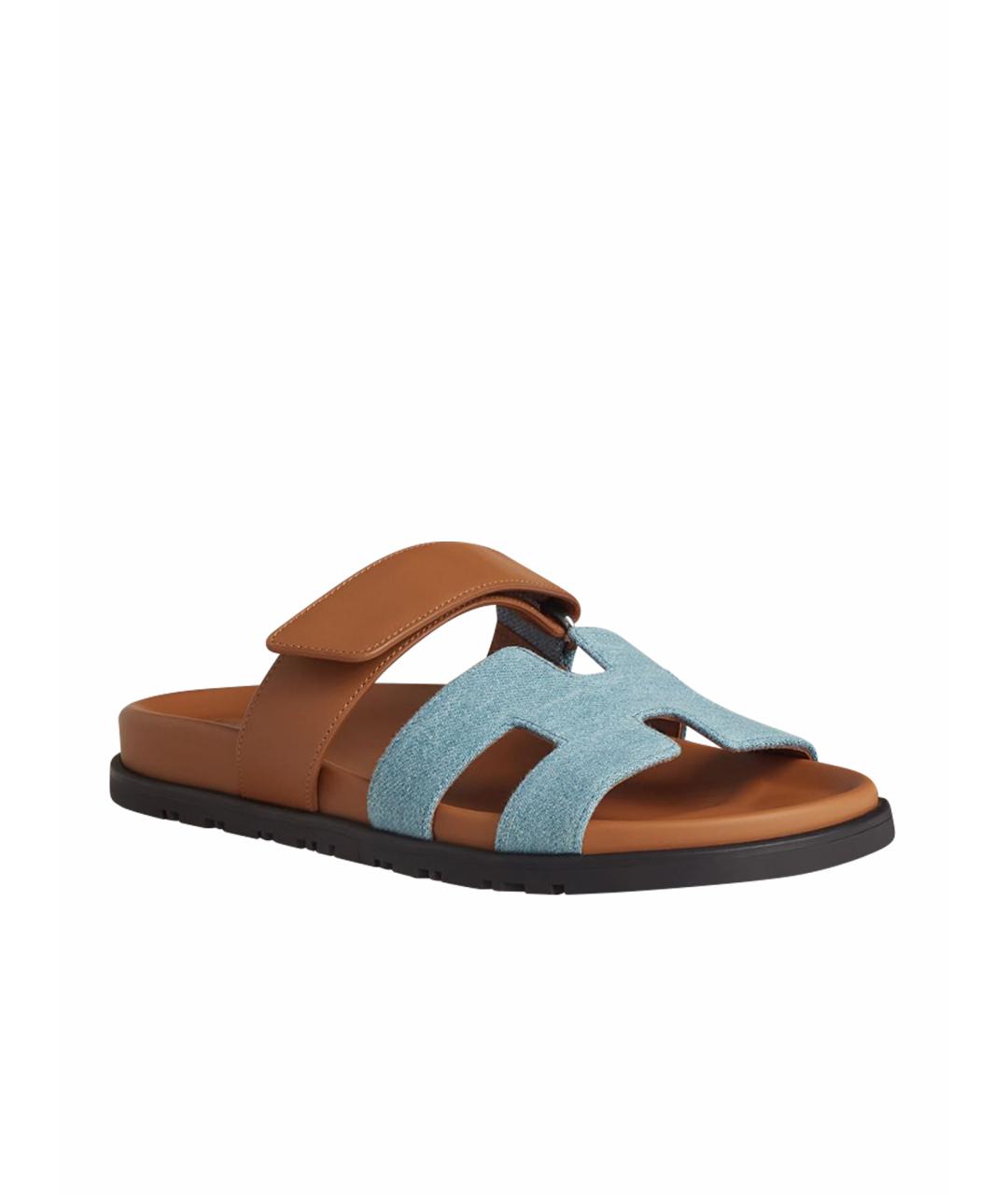 HERMES Голубые кожаные шлепанцы, фото 1