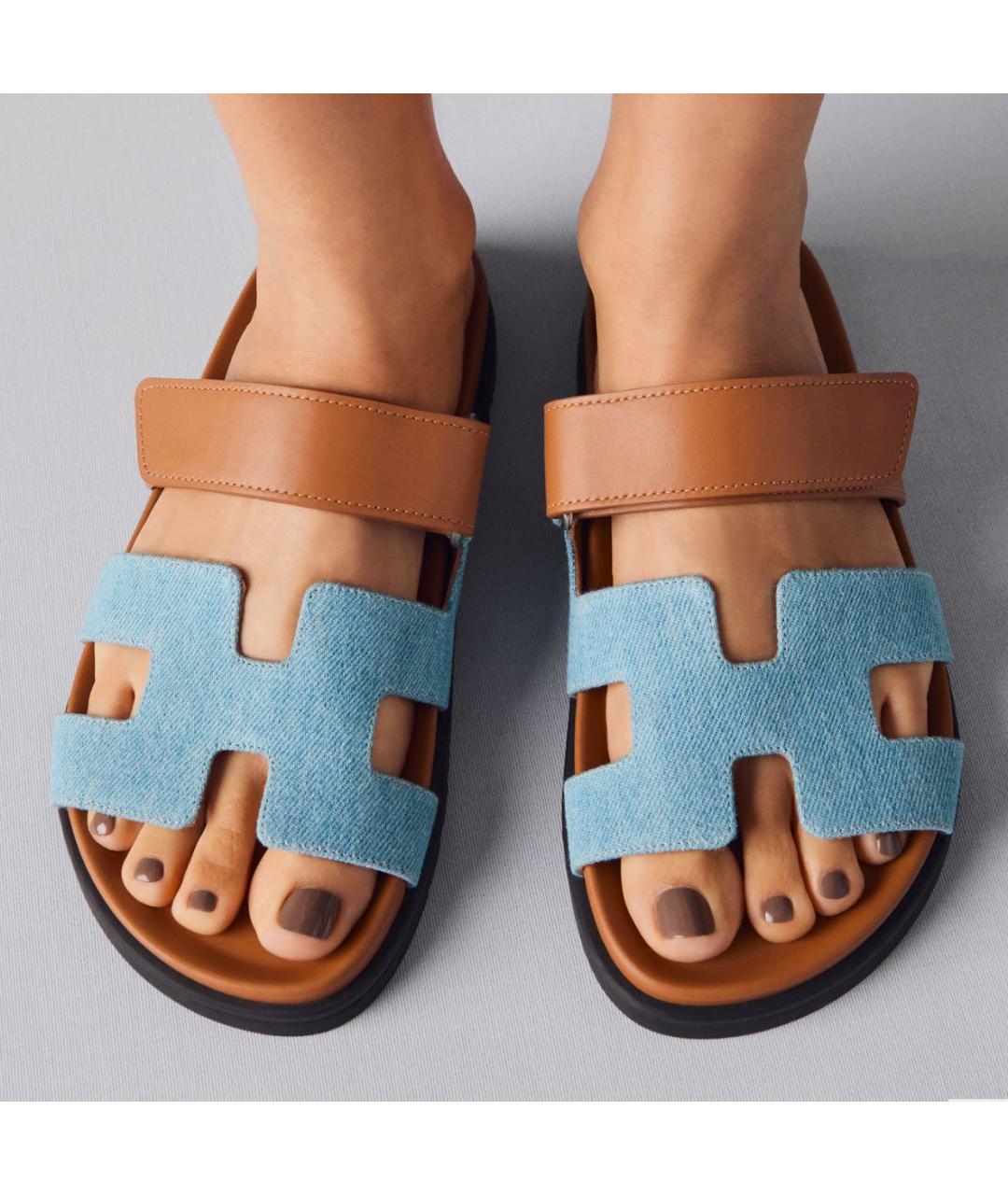 HERMES Голубые кожаные шлепанцы, фото 3