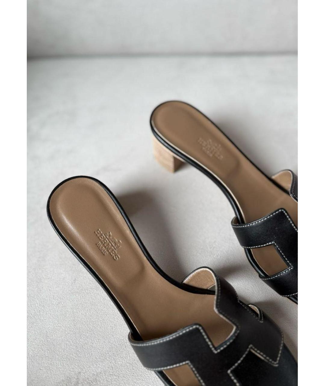 HERMES Черные кожаные шлепанцы, фото 4