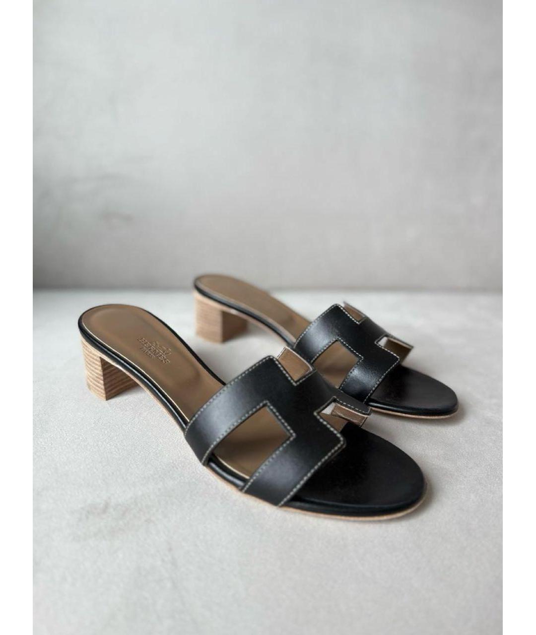 HERMES Черные кожаные шлепанцы, фото 3