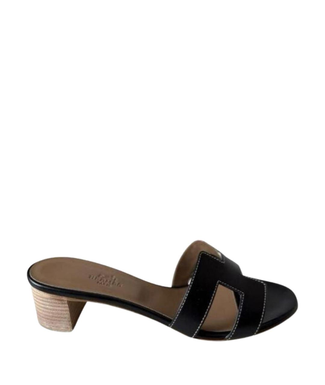 HERMES Черные кожаные шлепанцы, фото 1