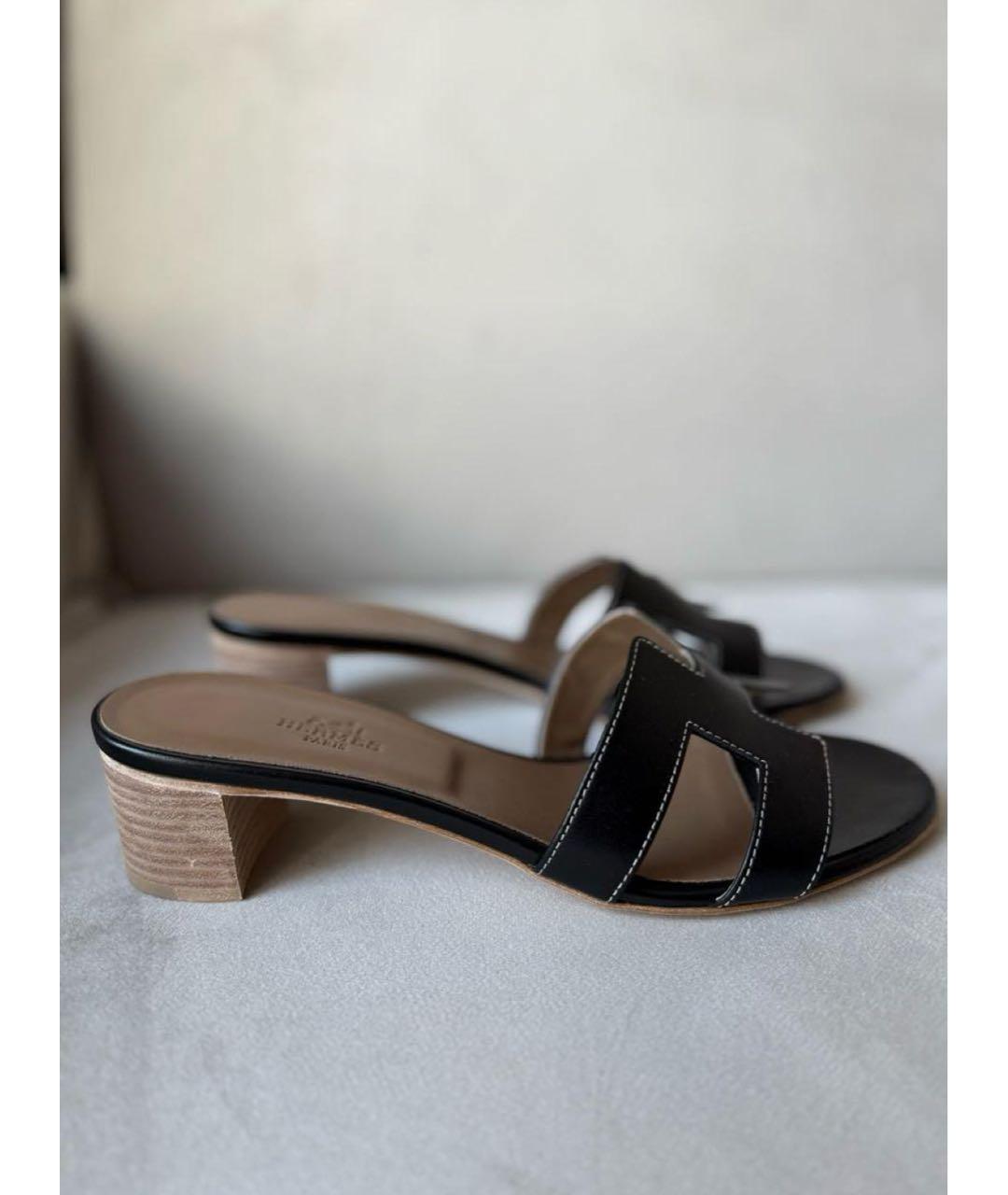 HERMES Черные кожаные шлепанцы, фото 8