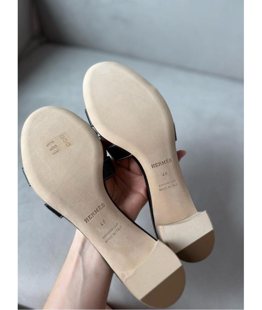 HERMES Черные кожаные шлепанцы, фото 2