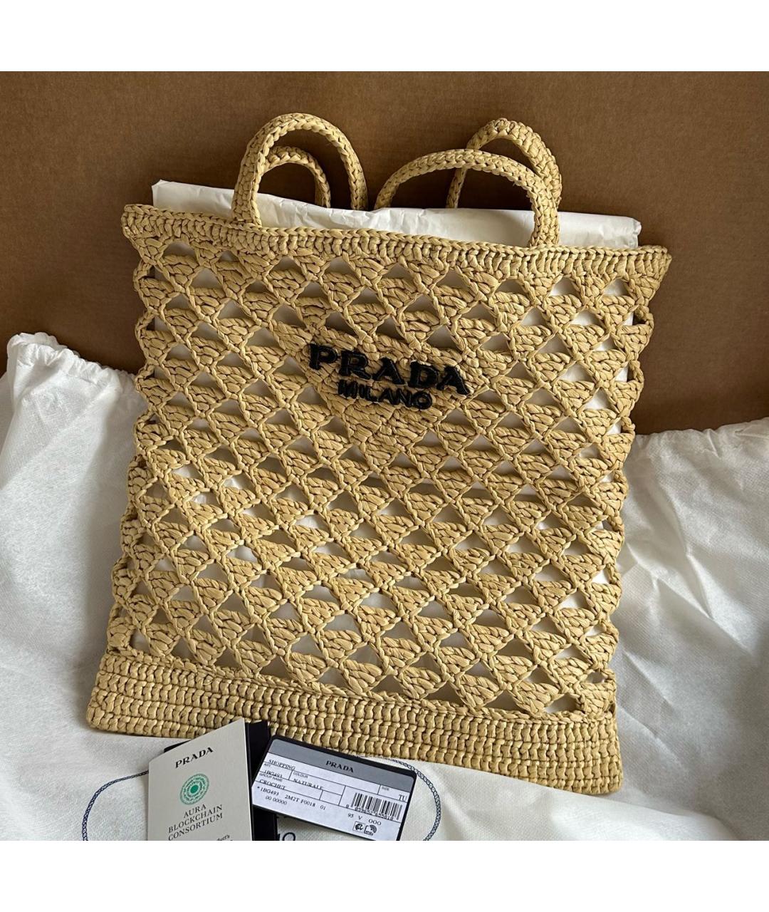 PRADA Бежевая пелетеная пляжная сумка, фото 5