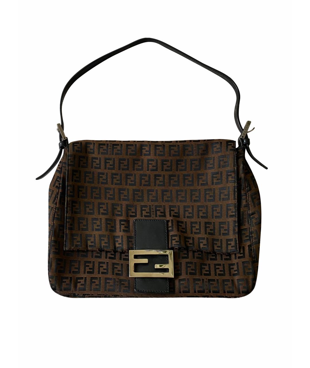 FENDI Коричневая тканевая сумка с короткими ручками, фото 1