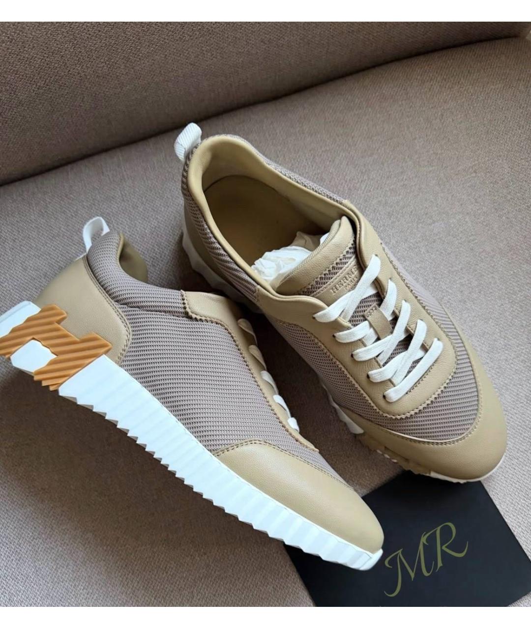 HERMES Бежевые кожаные кроссовки, фото 6