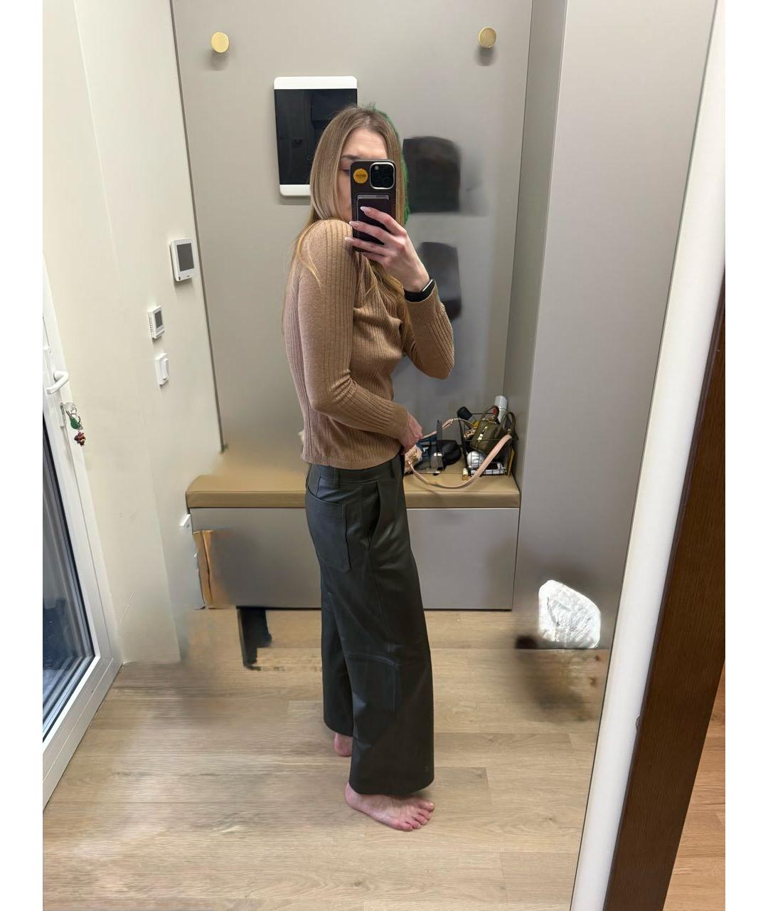 WEEKEND MAX MARA Хаки кожаные прямые брюки, фото 6