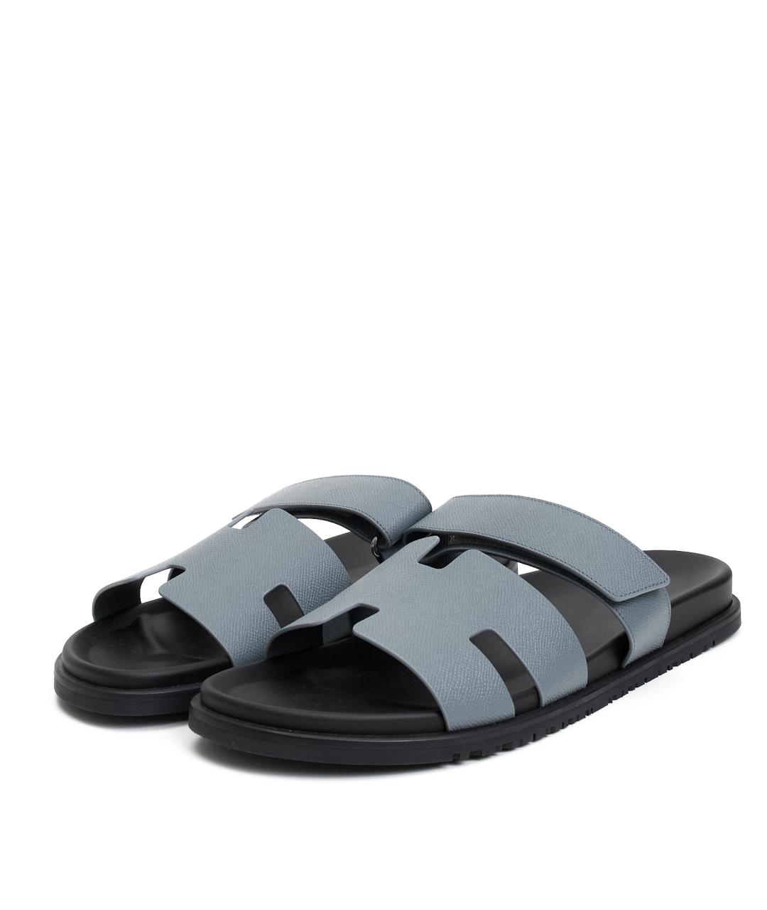 HERMES Голубые кожаные шлепанцы, фото 2