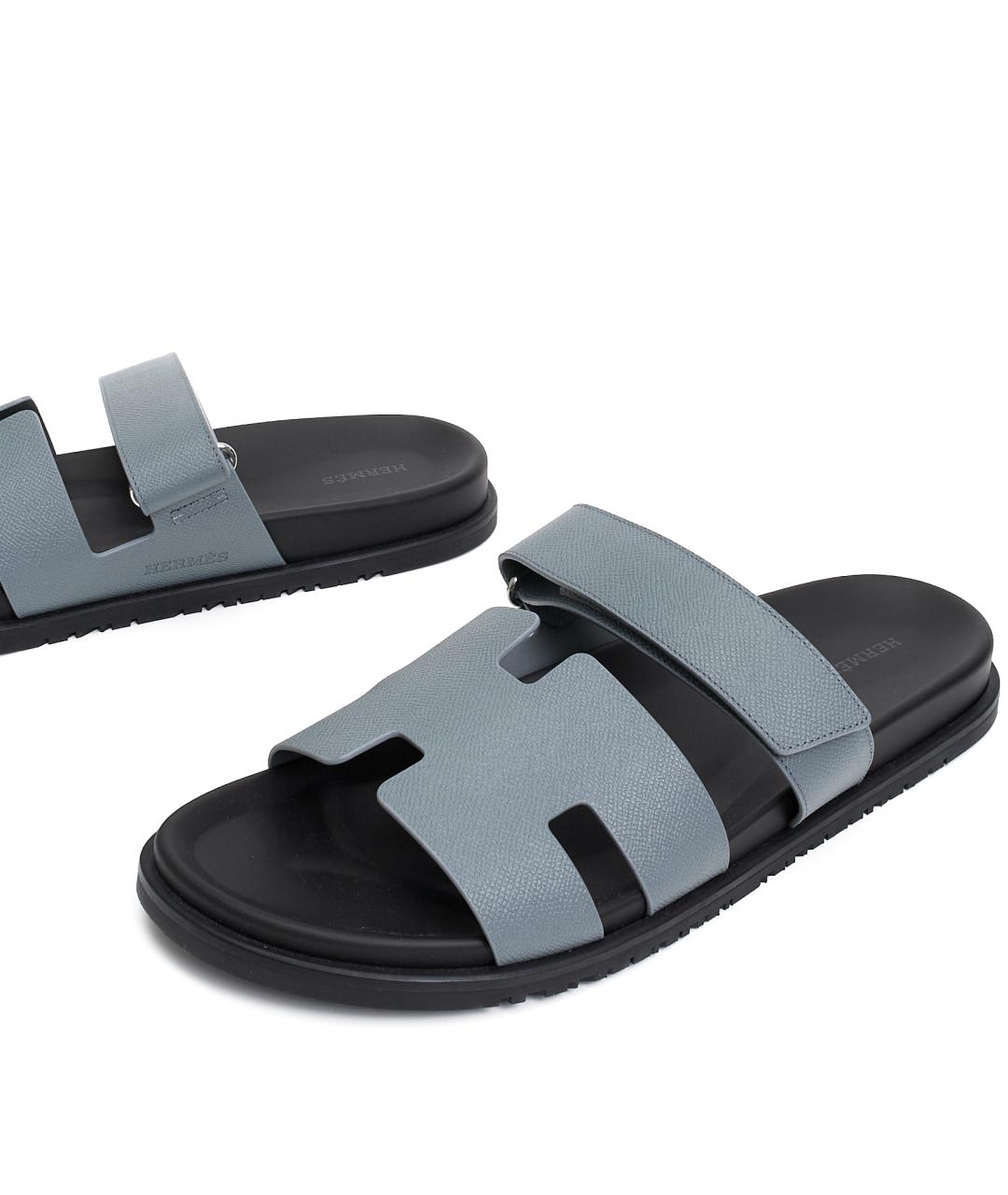 HERMES Голубые кожаные шлепанцы, фото 3