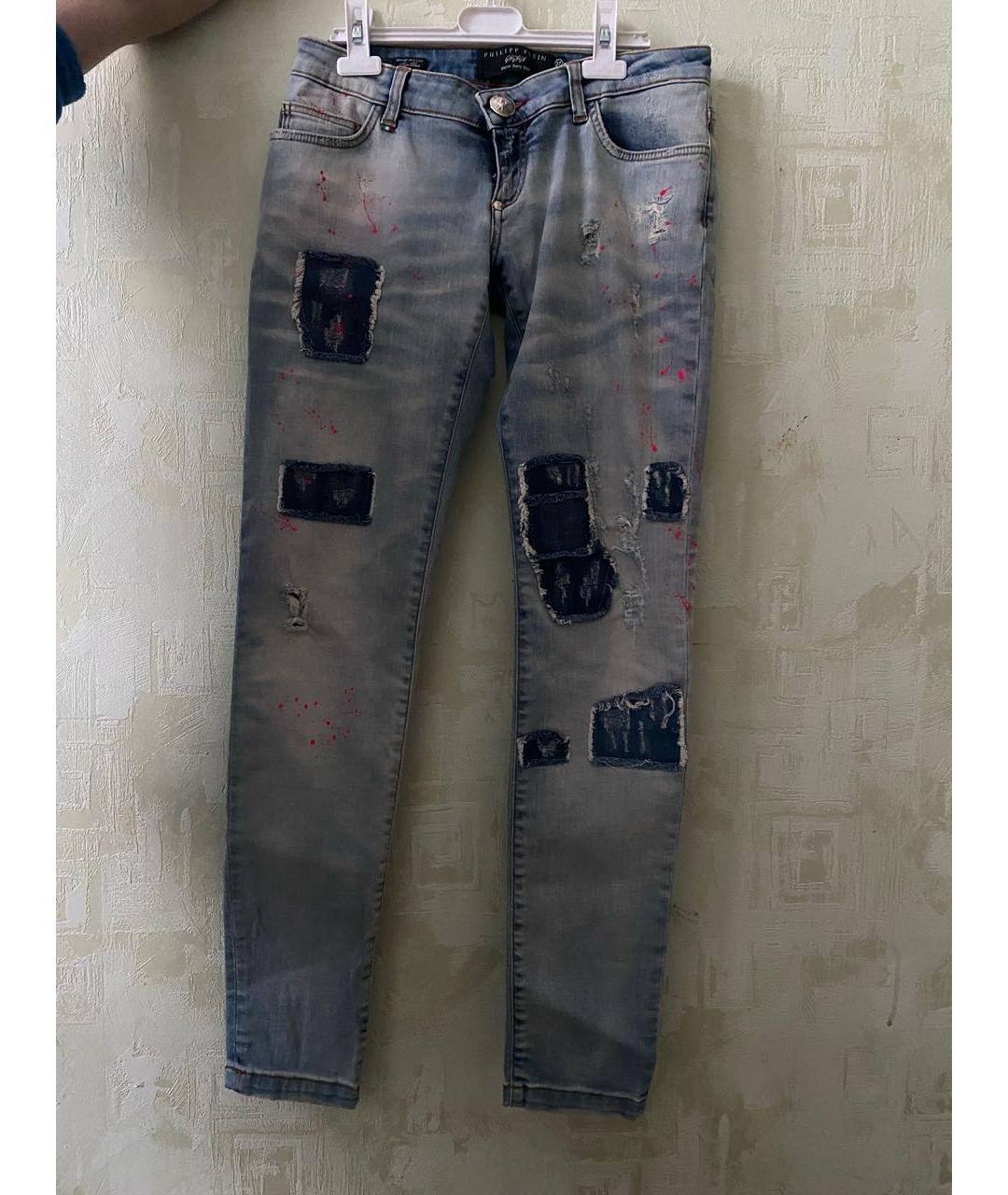 PHILIPP PLEIN Голубые хлопко-эластановые джинсы слим, фото 6