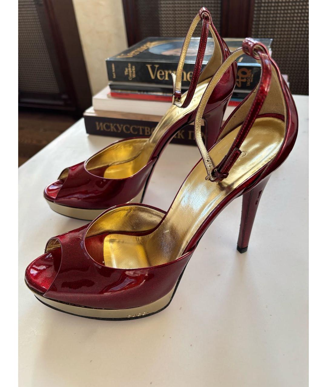 GUCCI Бордовые кожаные босоножки, фото 7