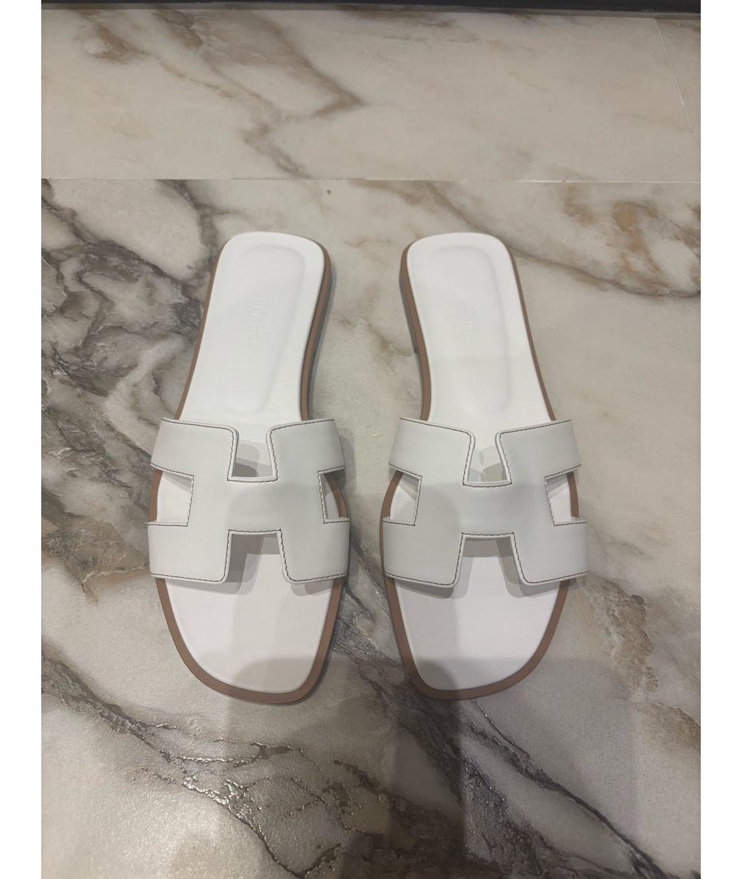 HERMES Белые кожаные шлепанцы, фото 2