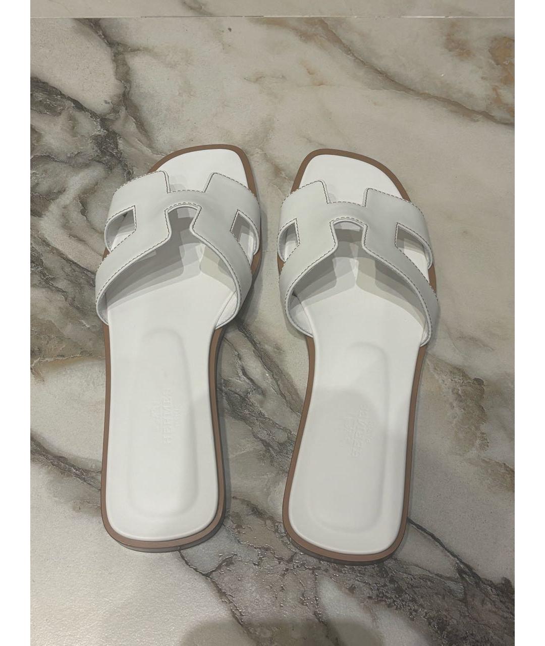 HERMES Белые кожаные шлепанцы, фото 3