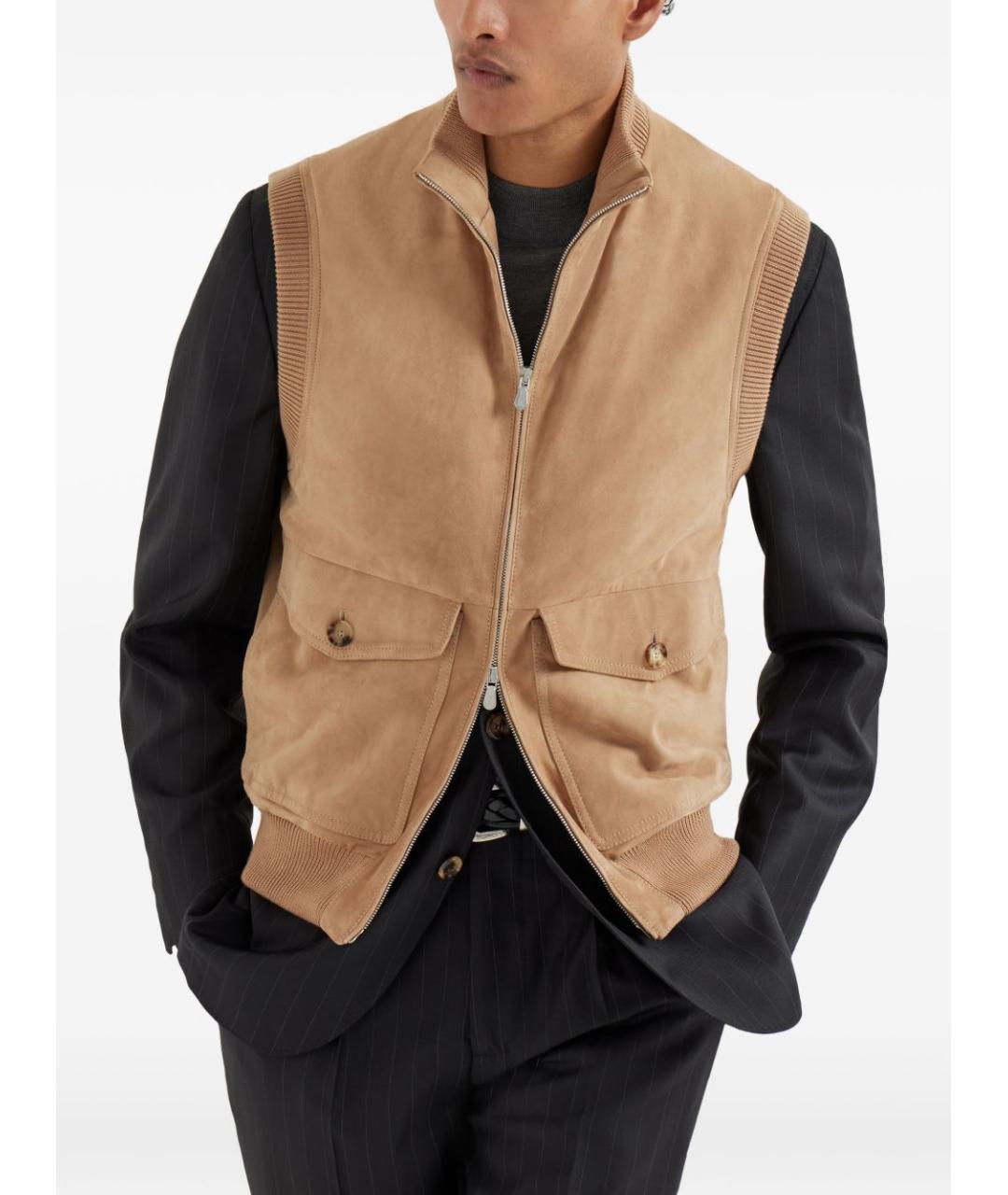 BRUNELLO CUCINELLI Бежевый кожаный жилет, фото 4