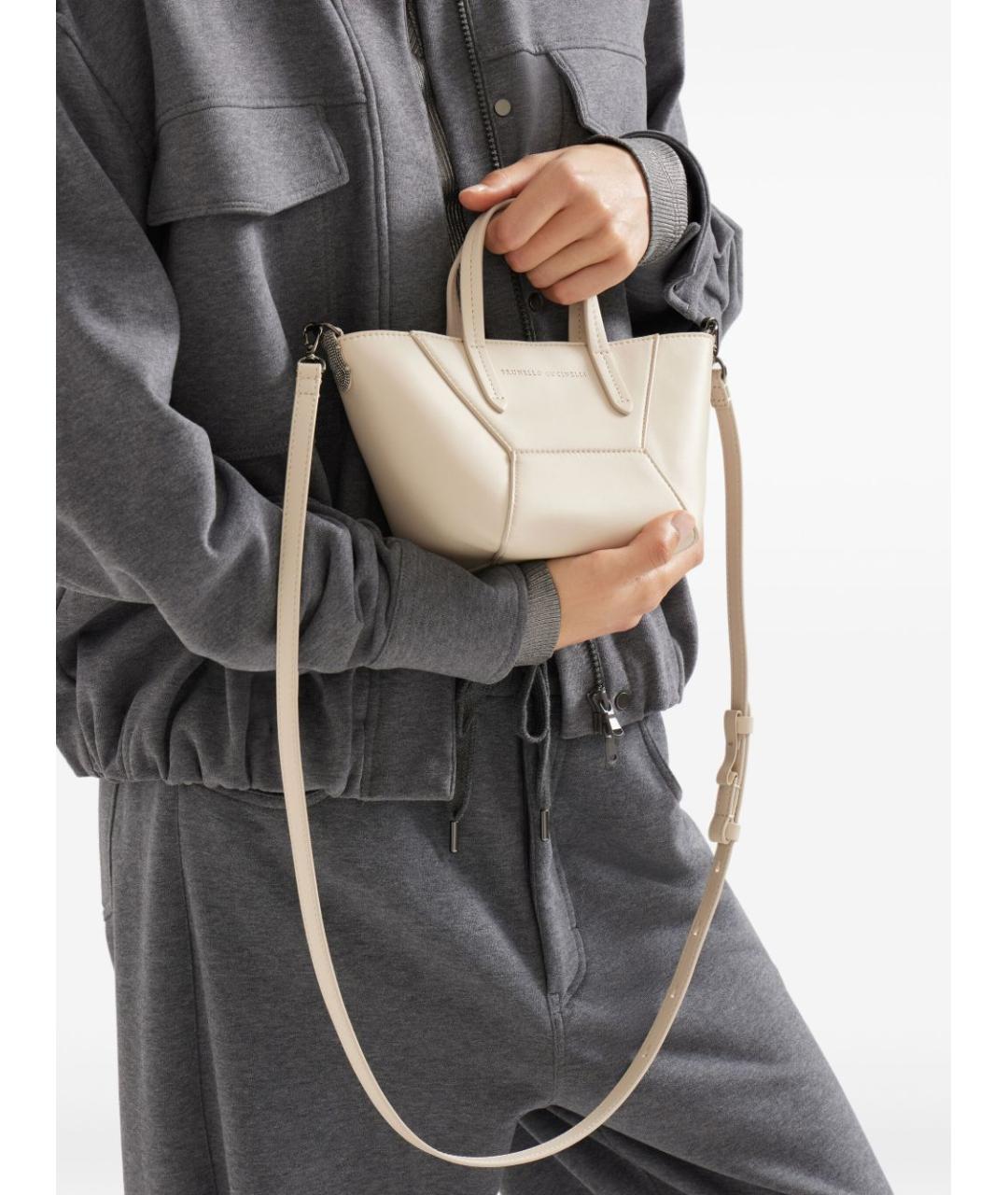 BRUNELLO CUCINELLI Белая кожаная сумка тоут, фото 3