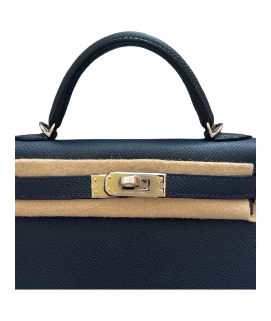HERMES Темно-синяя кожаная сумка с короткими ручками, фото 5