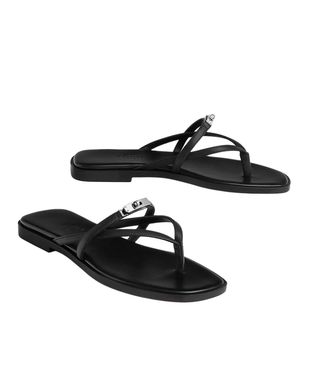 HERMES Черные кожаные шлепанцы, фото 4