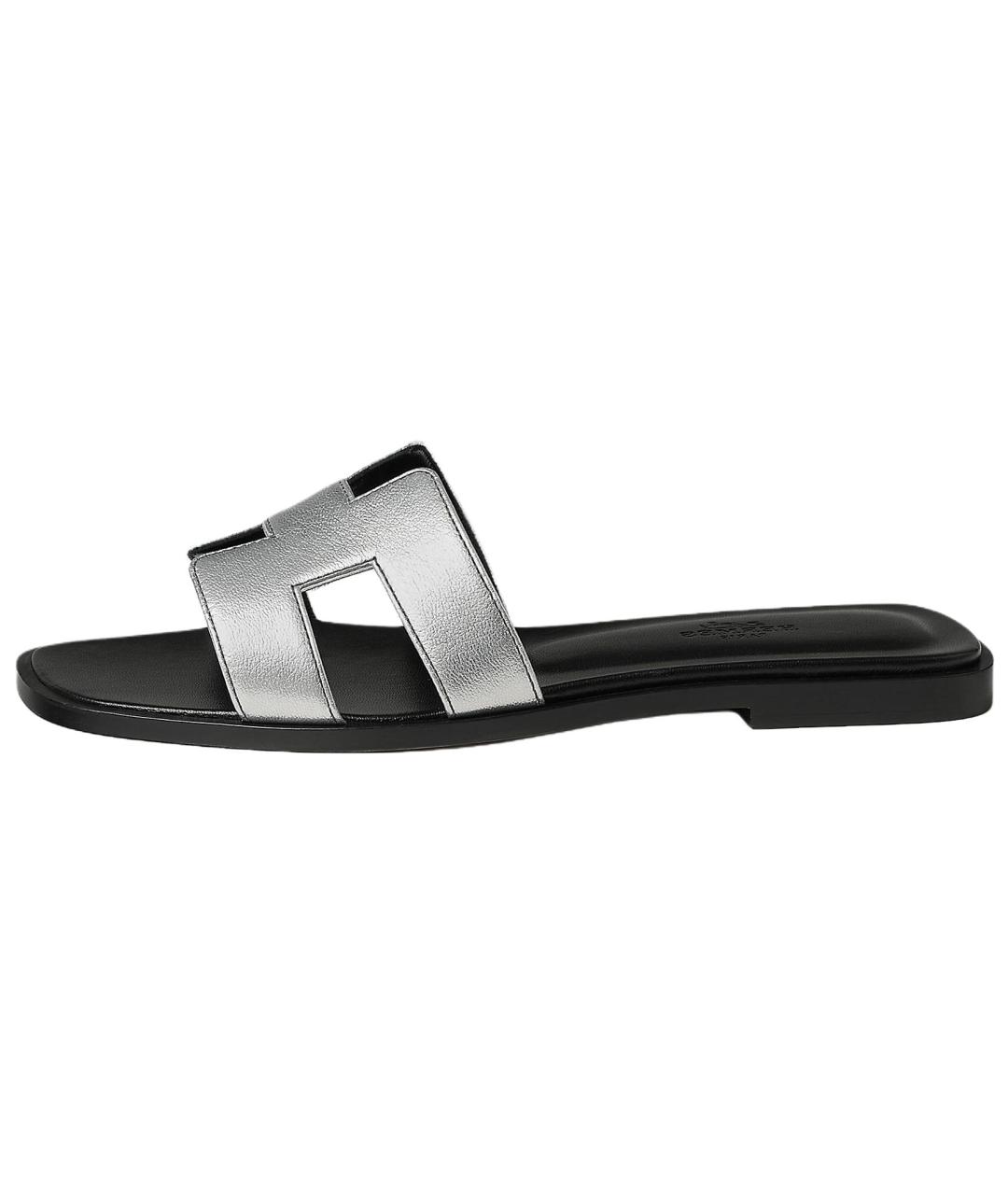 HERMES Серые кожаные шлепанцы, фото 2