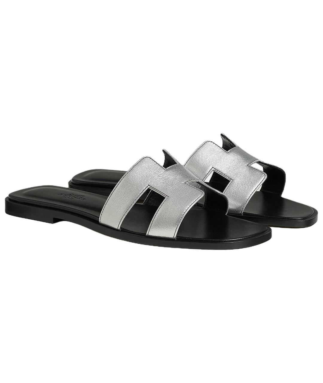 HERMES Серые кожаные шлепанцы, фото 4