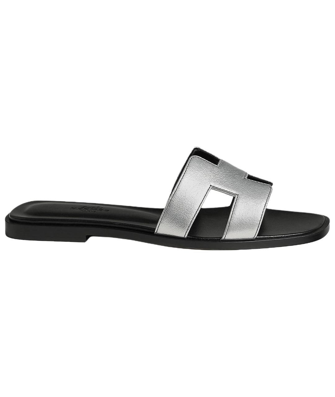 HERMES Серые кожаные шлепанцы, фото 1