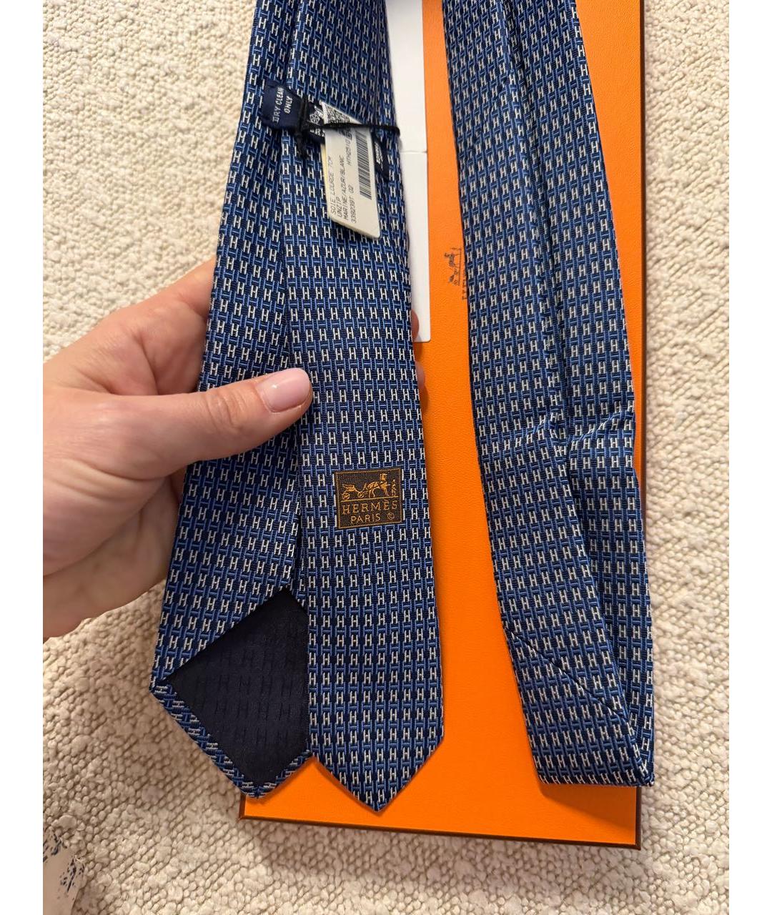 HERMES Темно-синий шелковый галстук, фото 3