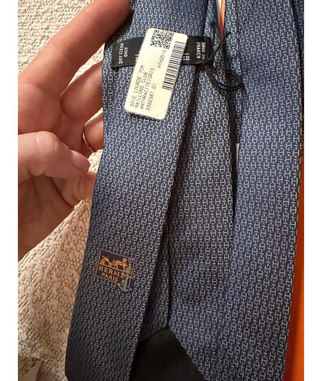 HERMES Темно-синий шелковый галстук, фото 3