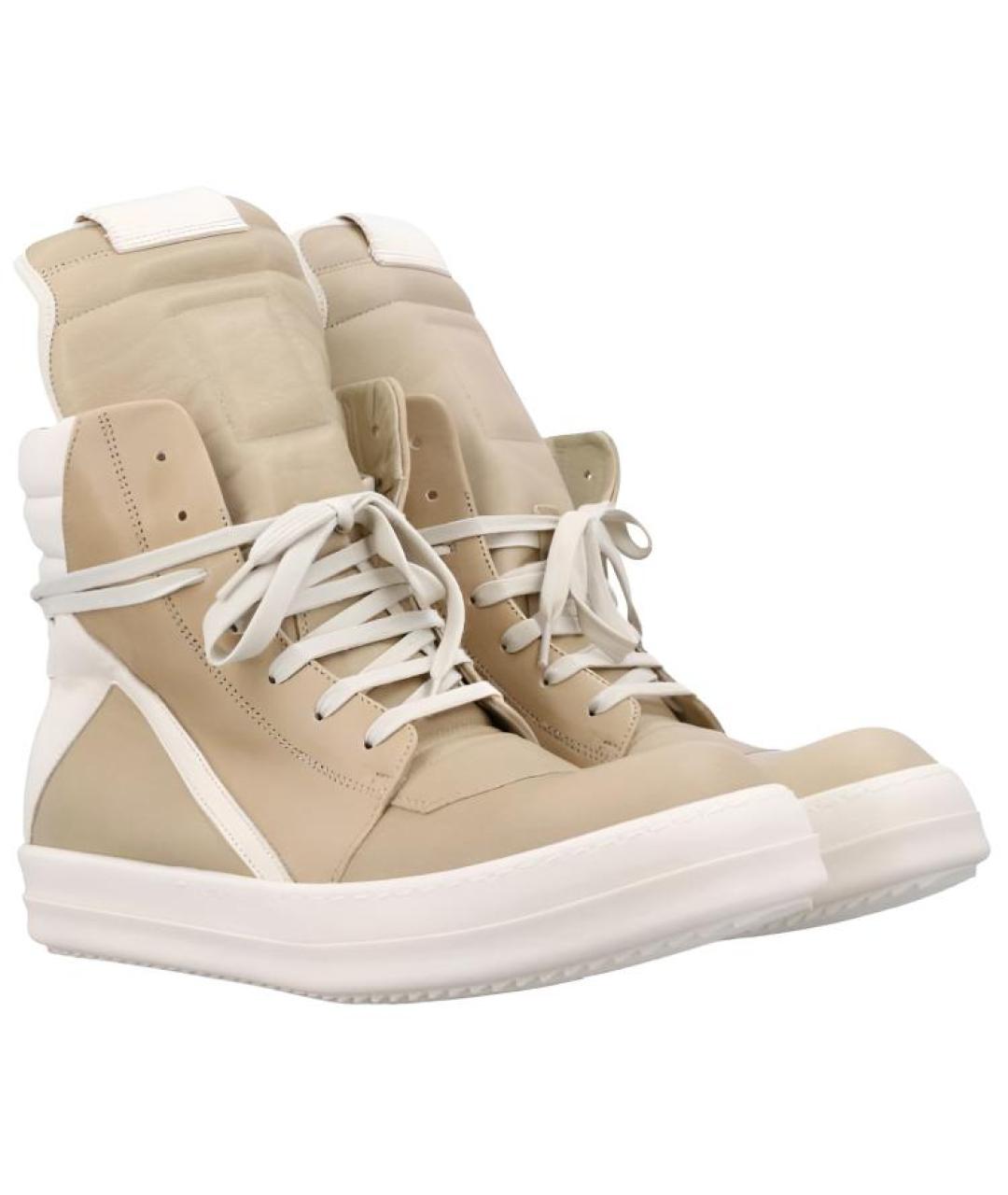 RICK OWENS Бежевые кожаные высокие кроссовки / кеды, фото 3